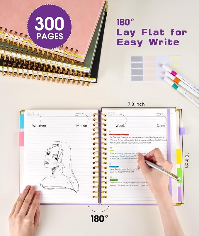 Hardcover Spiral Notebook journal with Removable Dividers Tabs, 300 Pages Leather 5 Subject Notebook College Ruled, 8"x10" Large B5 Notebooks for Work School Note taking,Lined Journal for Women,Purple