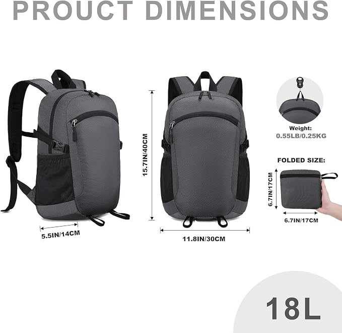 Lightweight Hiking Backpack 18L Packable Foldable Small Daypack Collapsible Travel Bag Water-Resistant for Women Men (Gray)