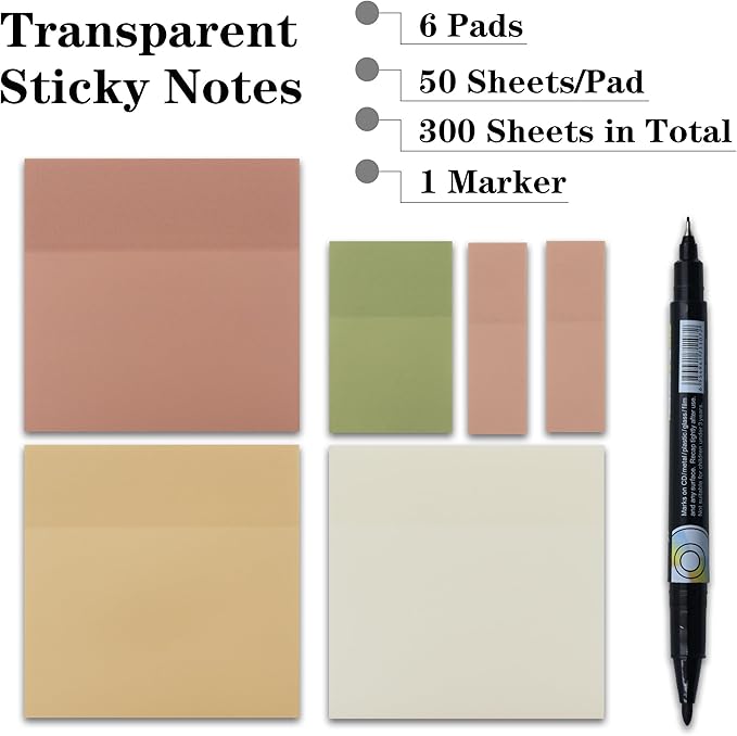 YOUDEFUL Transparent Sticky Notes, 3"x3" Clear Sticky Notes, Waterproof Translucent Sticky Note Pads for Books Annotation, Clear Post it Notes for Bible Study, School, Office