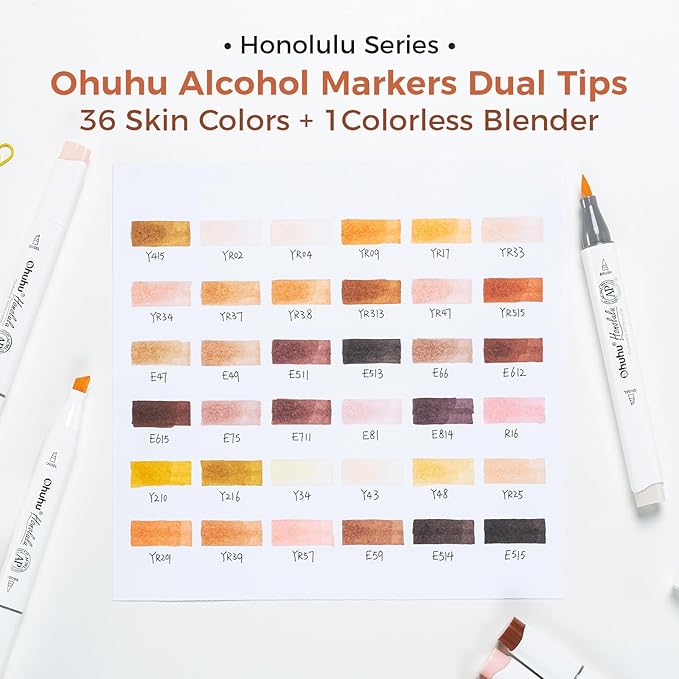 Ohuhu Skin Tone Alcohol Markers Brush Tip - 36 Portrait Skin Color Markers for Artist Adults Coloring Illustration - Chisel and Brush Dual Tips - Honolulu - Refillable - AP Certificated