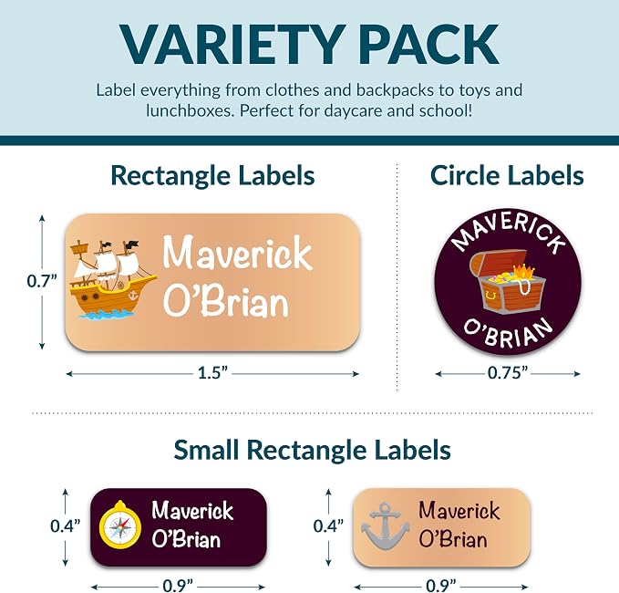 Personalized Waterproof Name Labels for Kids | Optional Packs 50, 150, 230 Labels | Custom Name Stickers for Kids' Clothing Tag, Water Bottle, Lunch Box, Customize Kid Name Label for Daycare Pirate