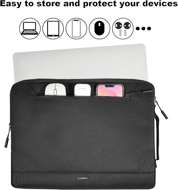 LANDICI 360°Protective Laptop Sleeve Case 14 15 Inch, Waterproof Slim Computer Cover Bag Compatible with MacBook Air M2 15, MacBook Pro 14/15, Chromebook 14/15, Asus vivobook 14, Black