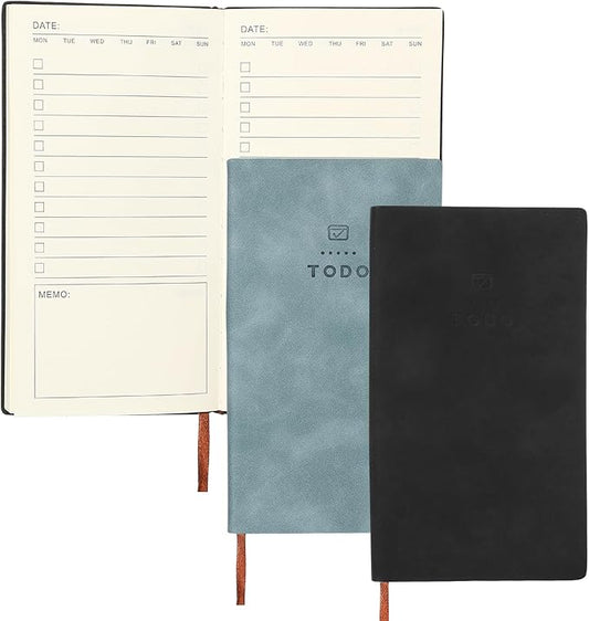 PATIKIL 2Pcs Planner Notebook, A6 100 Sheets Undated to Do List Daily Weekly Monthly Goals Tracker Pocket Notebook for Office Study Time Management Fitness Weeding, Black/Sky Blue