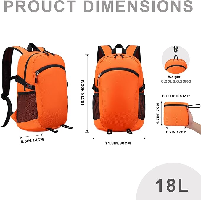 Lightweight Hiking Backpack 18L Packable Foldable Small Daypack Collapsible Travel Bag Water-Resistant for Adults (Orange)