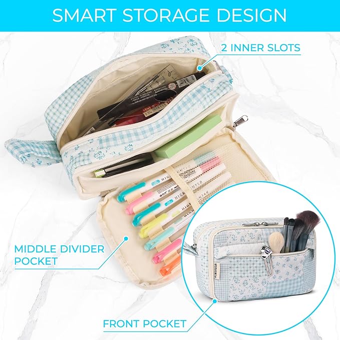 WOBAGMEN Quilted Pencil Pouch for Girls Women, Large Pencil Case Pouch with Compartments Cute Aesthetic Pencil Case Organizer, Floral Pencil Bag for School Supplies (green blue pin)