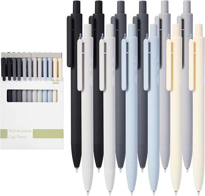 Mr. Pen- Retractable Gel Pens, 12 Pack, Black Ink, Monochrome Elegance Barrel, Fine Point 0.5mm, Fast Dry, Smooth Writing, Cute Pens for Drawing, Writing Planner and School Supplies