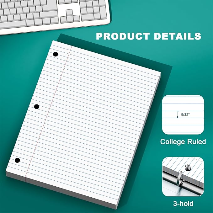 Note Pads 8 X 10.5 Loose Leaf Paper, 200 Sheets, 3 Hole Punched Lined Paper, College Ruled 8 X 10.5 Notebooks, 10-1/2" X 8 Binder Writing Pads, Filler Paper For Engineering, Office, School Supplies
