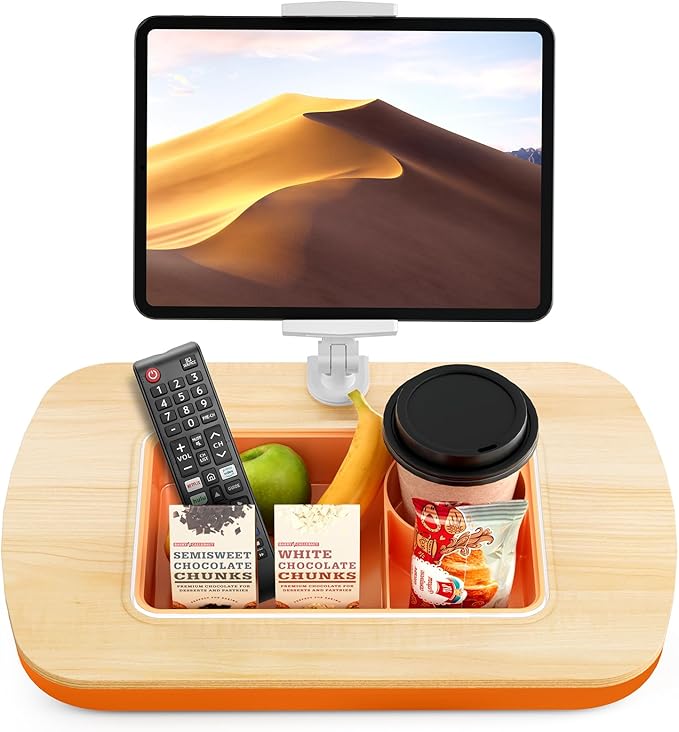 ERGONOV Tablet Pillow Stand for Lap Use with Snack Bowl and 360° Rotating Arm, Adjustable iPad Holder for Bed, Couch, and Recliner, Compatible with 4.7"-13" Kindle, iPad, Tablet, Phone,Orange