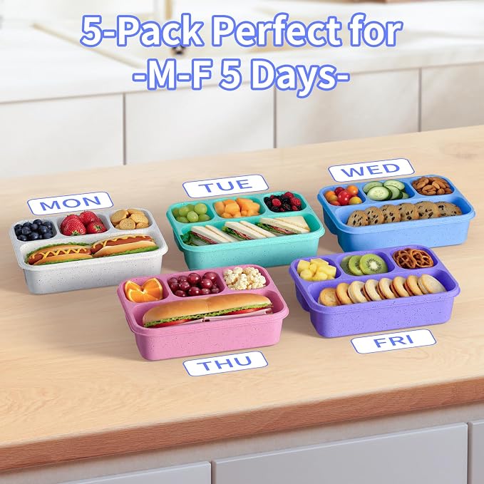 Bento Box 5-Pack, 4-Compartment Lunch Box for Women, Men & Kids, BPA-Free Wheat Straw Snack Containers, Ideal for Meal Prep, Travel, School, Work (Purple)