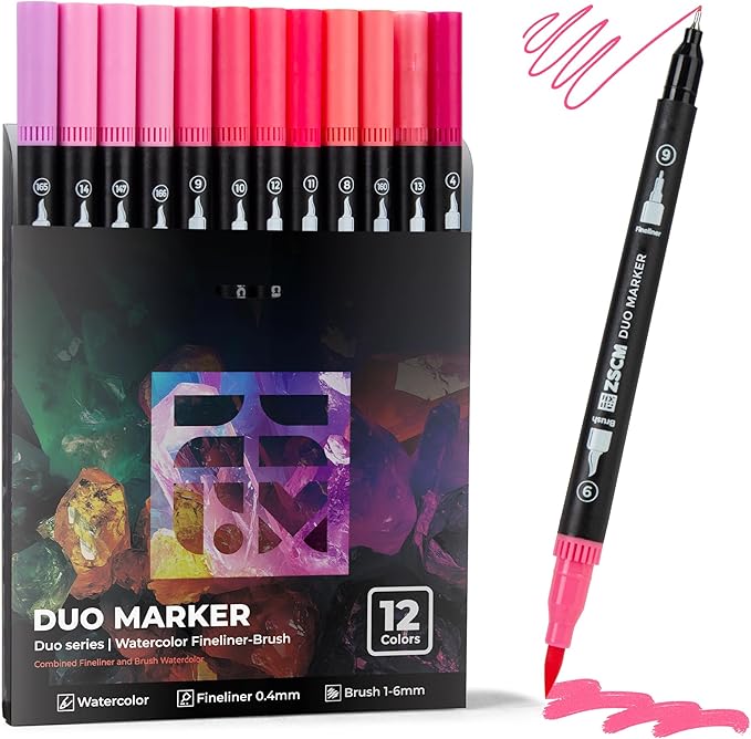 ZSCM Pink Duo Tip Marker Pens, 12 Pack Fine & Brush Markers for Adult Coloring Books No Bleeding, Blushing Pink Markers for Romantic Illustrations, Floral Designs, Cute Doodling and Lettering