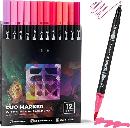ZSCM Pink Duo Tip Marker Pens, 12 Pack Fine & Brush Markers for Adult Coloring Books No Bleeding, Blushing Pink Markers for Romantic Illustrations, Floral Designs, Cute Doodling and Lettering