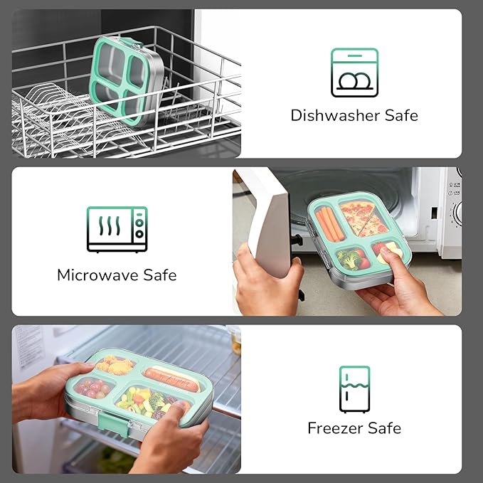 G.a HOMEFAVOR Stainless Steel Lunch Box - 4 Compartments Bento Box for Kids, Leakproof Food Container for School, Office, Dishwasher Safe, BPA-Free, 800 ml/27 oz, Green