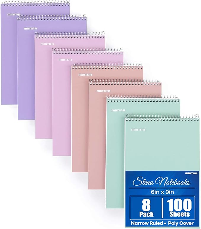 Mintra Office Steno Books Set - Top-Spiral Bound, Narrow Ruled, 100 White Tint Sheets, Pastel Covered Notebooks for Office & School, Colorful Lavender, Sage, Salmon, Spring Pink,6"x9", 8 Pack