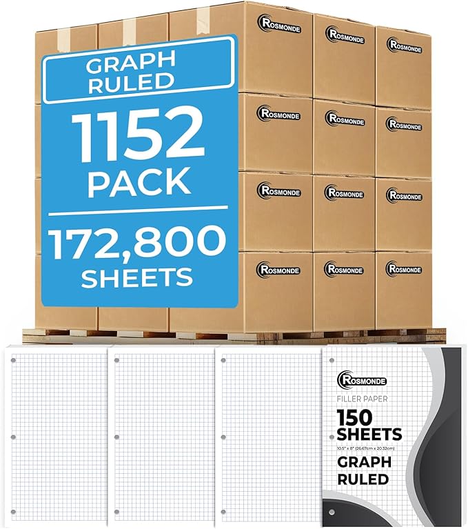 Rosmonde Graph Paper Bulk, 1152 Pack (Pallet), 172800 Sheets, 4x4, Pallet of Loose Leaf Paper, 8" x 10.5", 3 Hole Punched for Binder, Bulk Graphing Paper, Quad Ruled Paper, 4-7 Days Transit