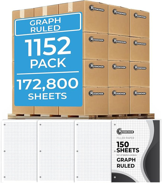 Rosmonde Graph Paper Bulk, 1152 Pack (Pallet), 172800 Sheets, 4x4, Pallet of Loose Leaf Paper, 8" x 10.5", 3 Hole Punched for Binder, Bulk Graphing Paper, Quad Ruled Paper, 4-7 Days Transit