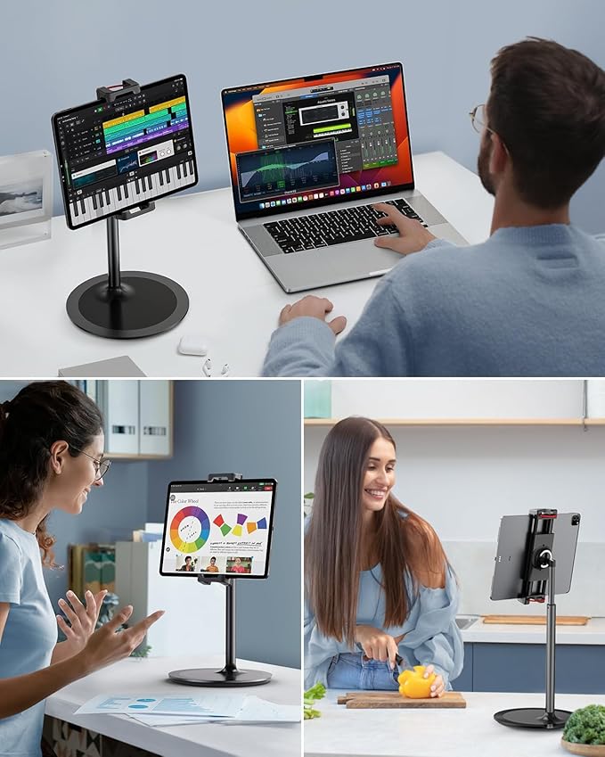 SAIJI iPad Stand for Desk - Tablet Holder Extra-Height 360° Rotating Adjustable Aluminum Alloy Cradle for 4.7"-15.6" iPhone Samsung Kindle Portable Monitor (Black)