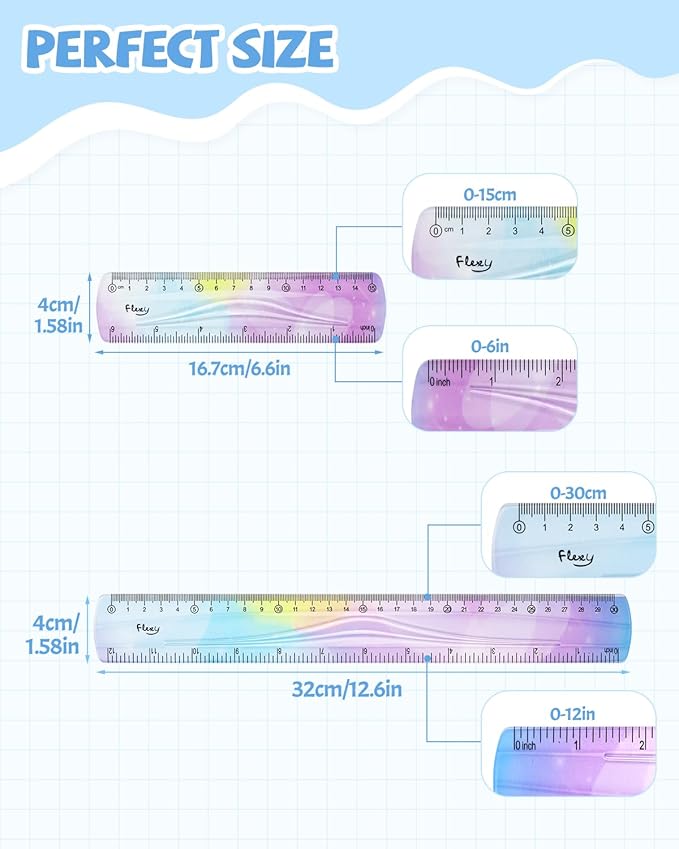 12 Inch & 6 Inch Flexible Ruler, Bendable Plastic Ruler, Soft Bendable Gradient Color Rulers with Centimeters and Inches for Student School Classroom Office Supplies