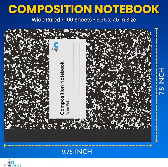 1InTheOffice Composition Notebook Wide Ruled, 1 Subject Notebook, Marble, 7.5" x 9.75", 100 Sheets, Black, 4 Pack