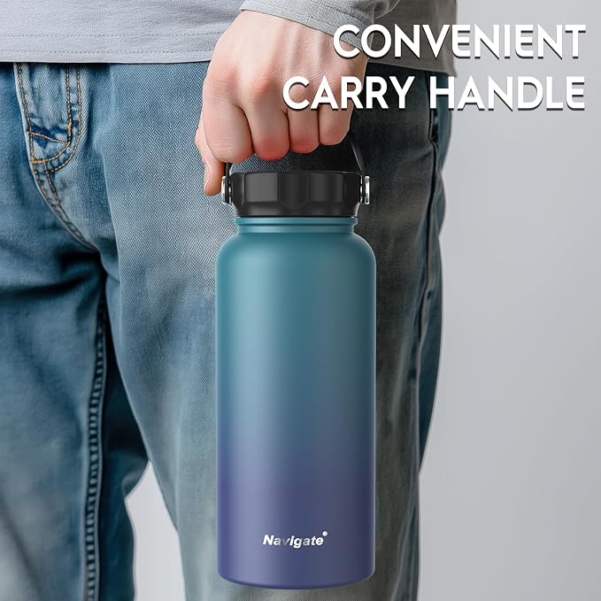 Navigate 32oz Insulated Water Bottle for Sports, Keep Cold 24H | 2-in-1 Spout and Handle Lids, Double Leak-Proof, 18/8 Stainless Steel, BPA-Free, Wide Mouth for Hiking,Blue Gradient