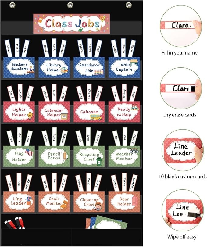 REGELETO Class Jobs Pocket Chart with 17 Pockets and 2 Storage Bags,73 Cards Class Management Educational Pocket Chart Teacher's Helper Size: 32.6" L x 19.6 H Bulletin Board for Classroom (Black)