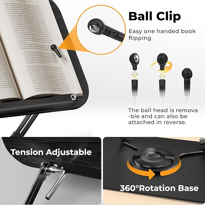 SupeDesk Book Stand for Reading, Adjustable Book Holder with 360° Rotating Bases, Foldable Designs, and Elastic Clips, Multifunctional Display Stand for Recipe, Cookbooks, Magazines, Tablets, Laptops