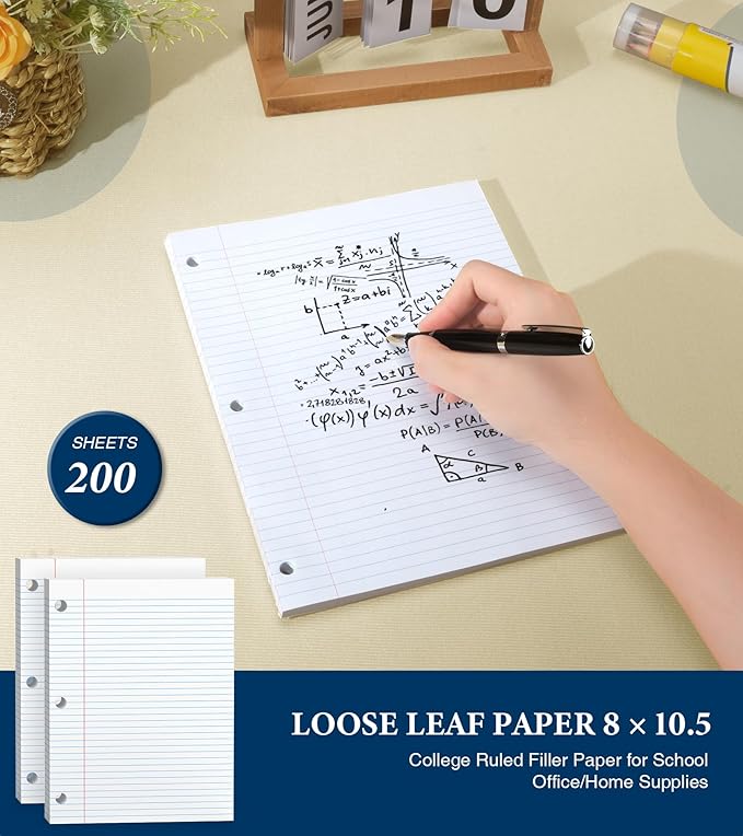 Loose Leaf Paper, 200 Sheets Notebook Paper, 8 x 10.5 College Ruled Paper, 3 Hole Punch Binder Paper, Lined Paper for 3 Ring Binders, College Ruled Paper, 8" x 10.5" Filler Paper