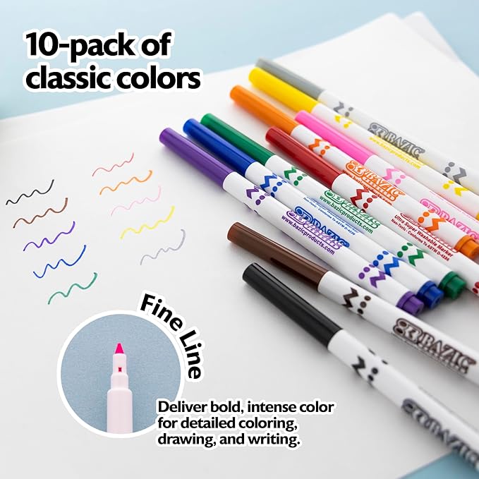 BAZIC Products Super Washable Markers Fine Line 10 Color, Thin Tip Coloring Marker, Non Toxic Marcadorc Art School Supplies, Gift (10/Pack), 144-Packs