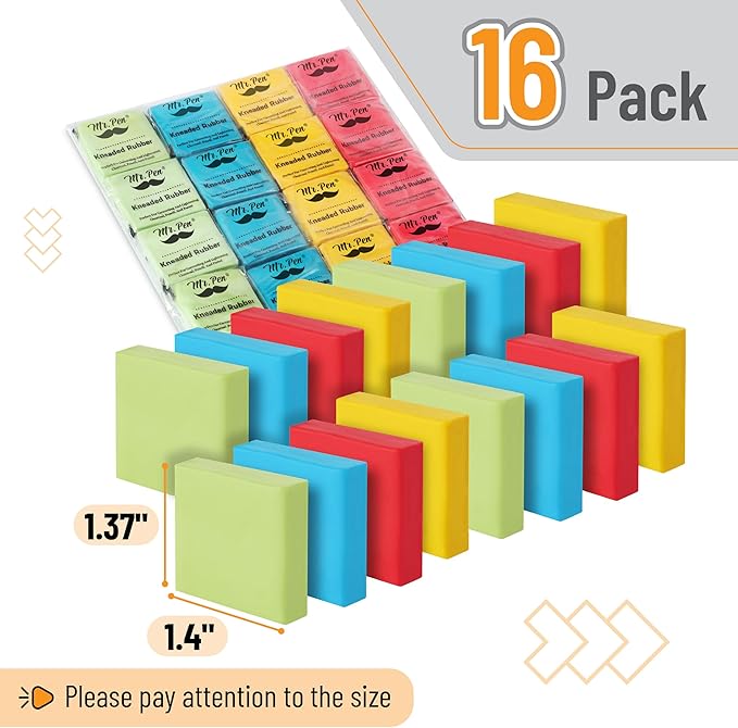 Mr. Pen- Kneaded Erasers, 1.37"x1.4", 16 Pack, Colorful, Soft Moldable Art Erasers for Charcoal, Graphite & Pastel Drawing, Precision Highlighting, Smudge Control, Easy Shaping for Artists & Students