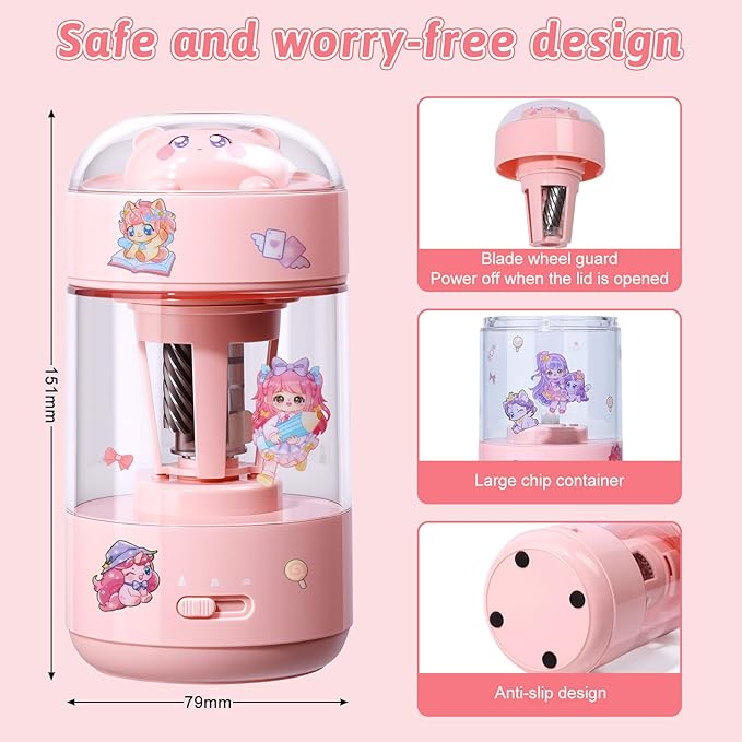 Rechargeable Automatic Electric Pencil Sharpener, Auto in & Out 3 Adjustable Thickness, Type-C Charging, Cute DIY Stickers, for 6-8mm Pencils, 3s Fast Sharpening, Ideal for School & Home (Pink)