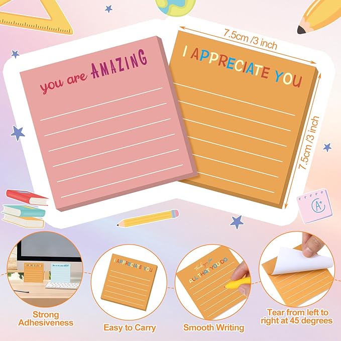 Yinder 24 Pcs Inspirational Sticky Notes Cute Motivational Sticky Notes Pad End of Year Employee Appreciation Gifts Bulk for Teacher Nurse Coworkers Office Supplies 3 x 3'' (Appreciation,Macaroon)