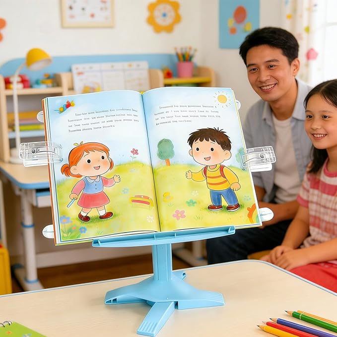 Book Stand for Kids Desk,8 inch Adjustable Shelf Thick Base Foldable Riser Holder Portable Desktop Book Stands, Compatible Gift for Children (Blue)