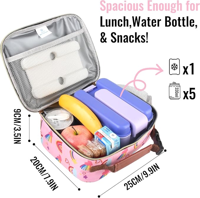 Genteen Lunch Box for Kids, Boys - Insulated Small LunchBox Reusable, Zip Closure & Buckle Handle, Portable Cooler for Work, School, Travel (Rainbow)