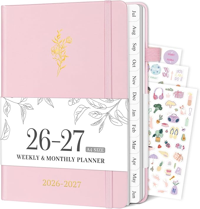 Planner 2026-2027, 8.5" x 11" Weekly and Monthly Planner with Tabs from Jul 2026 - Jun 2027 Academic Year, A4 Large Hardcover Agenda Calendar with Date for School & Office Schedule, Pink