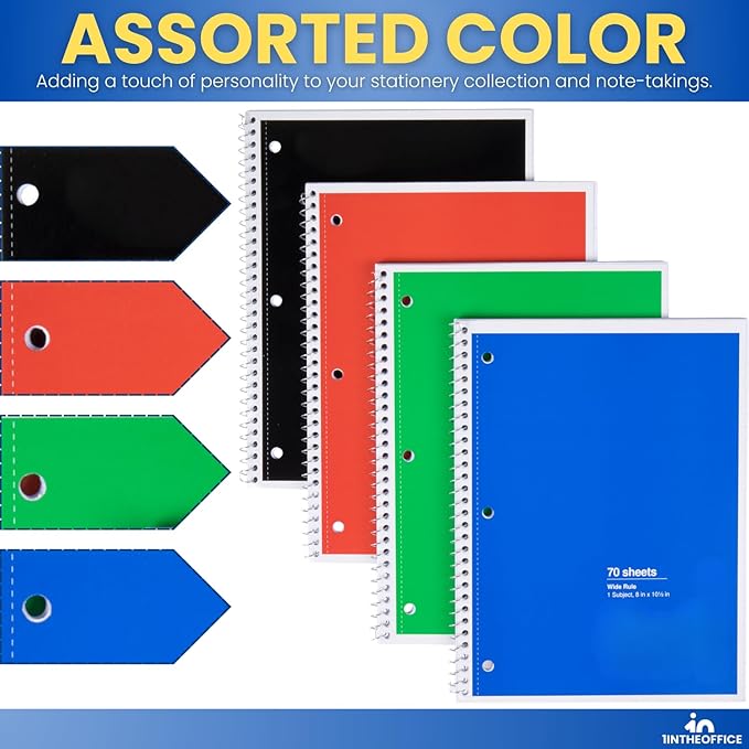 1InTheOffice Spiral Notebook Wide Ruled 8 x 11, 1-Subject College Ruled Notebooks, Wirebound Spiral Notebooks, Assorted Colors, 70 Sheets, (8 Pack)