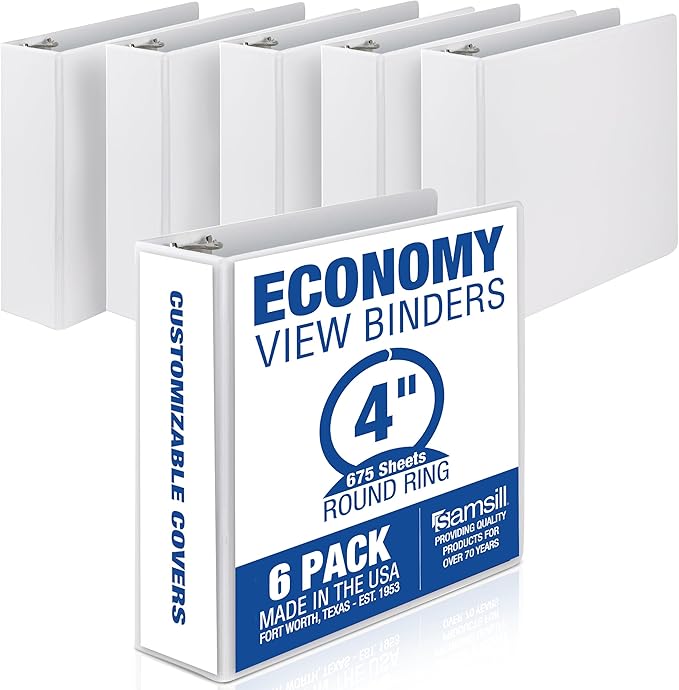 Samsill 4 Inch 3 Ring Binders, Economy Round Ring, Clear View Cover, 675 Sheet Capacity - for School, Home, Office - White, 6 Pack