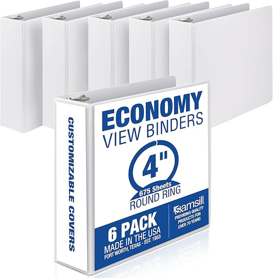 Samsill 4 Inch 3 Ring Binders, Economy Round Ring, Clear View Cover, 675 Sheet Capacity - for School, Home, Office - White, 6 Pack
