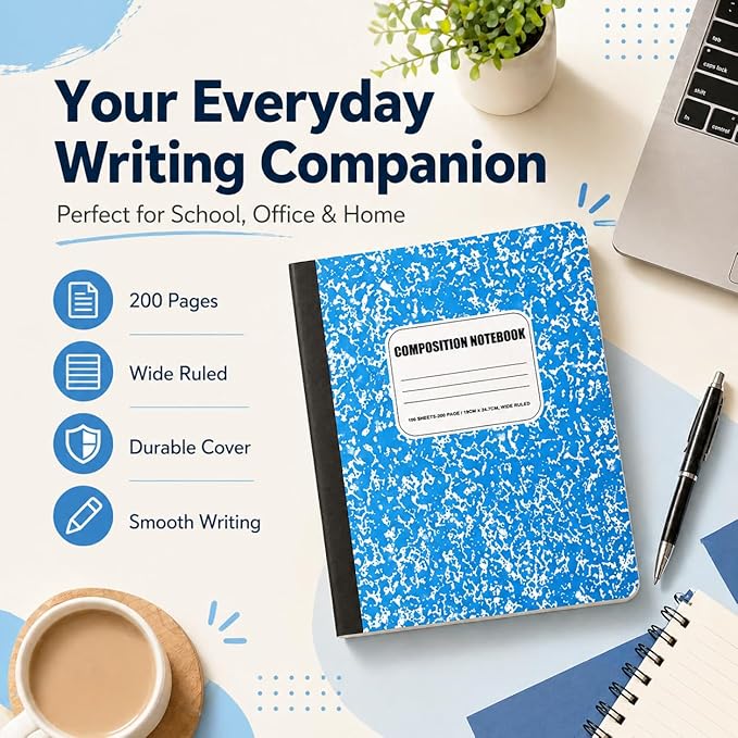 CLEENTABLE Composition Notebook 12 Pack, Wide Ruled Paper, Marble Cover Notebooks for School, 9.75 x 7.5 Inches, 100 Sheets (200 Pages), Sewn Binding Comp Books, Blue