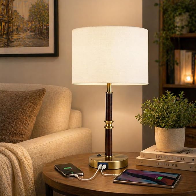 Table Lamp for Bedroom with Dual USB Ports, 19.3" Wood & Metal Mid Century Lamps Table Lamp for Living Room, Bedside Table Lamp with Linen Shade, Home Decor (Bulb Not Included)