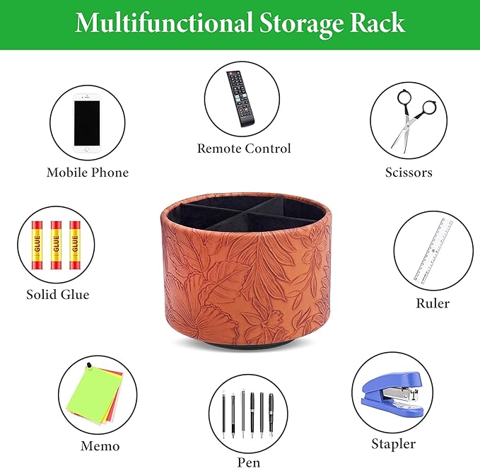 Round Leather Art Supply Organizer,Remote Control Holder,360 Degree Spinning,Multi-Functional Pencil Holder,4 Compartments Desktop Stationary Organizer(1-Carved Brown)