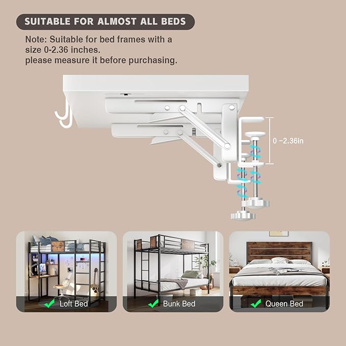 Magheo Bedside Shelf Foldable, Metal Clip-On Bed Shelf for Top Bunk Heavy Duty Bed Side Table Tray for College Dorm Essentials, Loft Nightstand Organizer Tray with Removable Cup & Phone Holder(White)