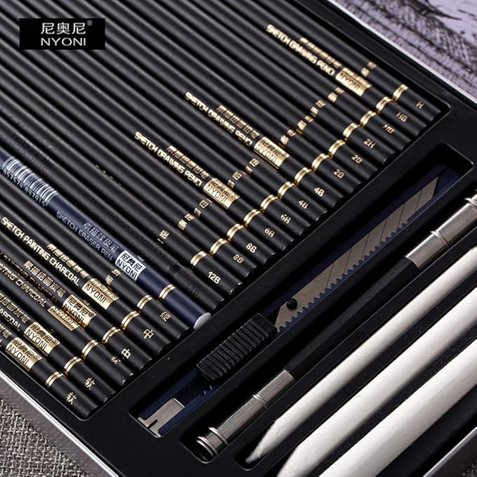Sketching Pencils Set, Metal Box Packaging, Including Graphite Pencils、Charcoal Pencils、Blending Stumps and other tools for drawing (A set with 29pieces).