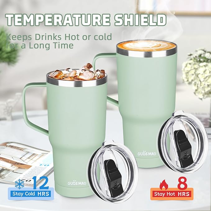 20 oz Insulated Coffee Mug with Ceramic Coating, Stainless Steel Travel Mug Tumbler with Handle Lid and Straw, Double Wall Leak-Proof Coffee Travel Mug Keeps Drink Hot and Cold (Matcha)