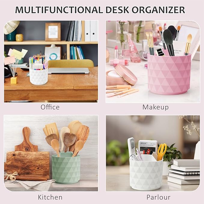Desk Organizer, 360-Degree Rotating Pencil Pen Holders For Desk, Diamond Pattern Pen Organizer With 5 Compartments, Cute Desk Accessories Decor For Office, School,Home,Art Supply (White)