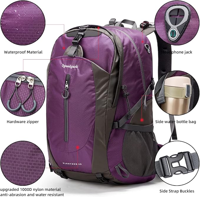 SPEEDPARK 40L Hiking Backpack, Lightweight Camping Daypack with Rain Cover | Water-Resistant Rip-Stop Nylon, Multi-Pockets, Survival Whistle. Ideal For Men, Women, Travel, Trekking