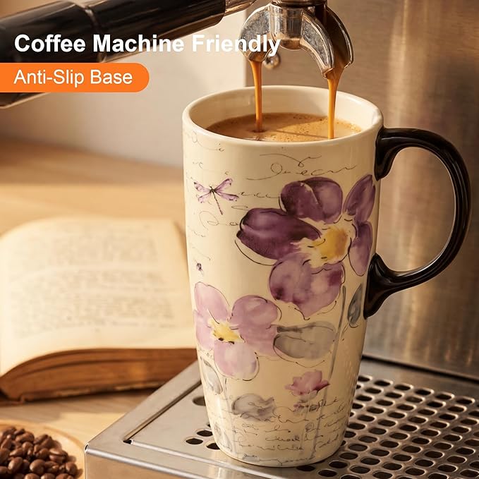 Topadorn 2-Pack 17oz Ceramic Travel Coffee Mugs with Lids & Handles, Floral Vintage Coffee Cups, Microwave & Dishwasher Safe, Gift Box Set