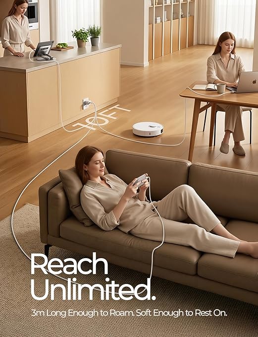 LISEN 10FT USB C Cable Fast Charging, Chubby 240W Cable USB C to USB C Fast Charging Soft Silicone USBC to USBC Parallel Cable for iPhone 17 Pro Max 16 15 Samsung S25 Ultra MacBook Pro Air iPad White