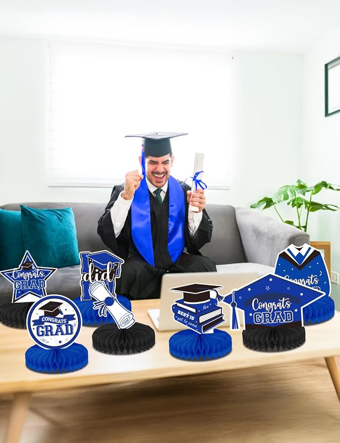 9Pcs Graduation Table Decorations - Blue and Black Graduation Centerpieces for Tables Congrats Grad Honeycomb Centerpieces Congratulate Table Toppers Grad Party Decorations, Class of 2026 Decor