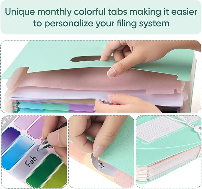 Agoer 13 Pockets Accordion File Organizer,Wheat Straw Expanding File Folder with Handle & Labels,Monthly Paper Bill Receipt Organizer,A4/Letter Size Document Storage for School College Home Office