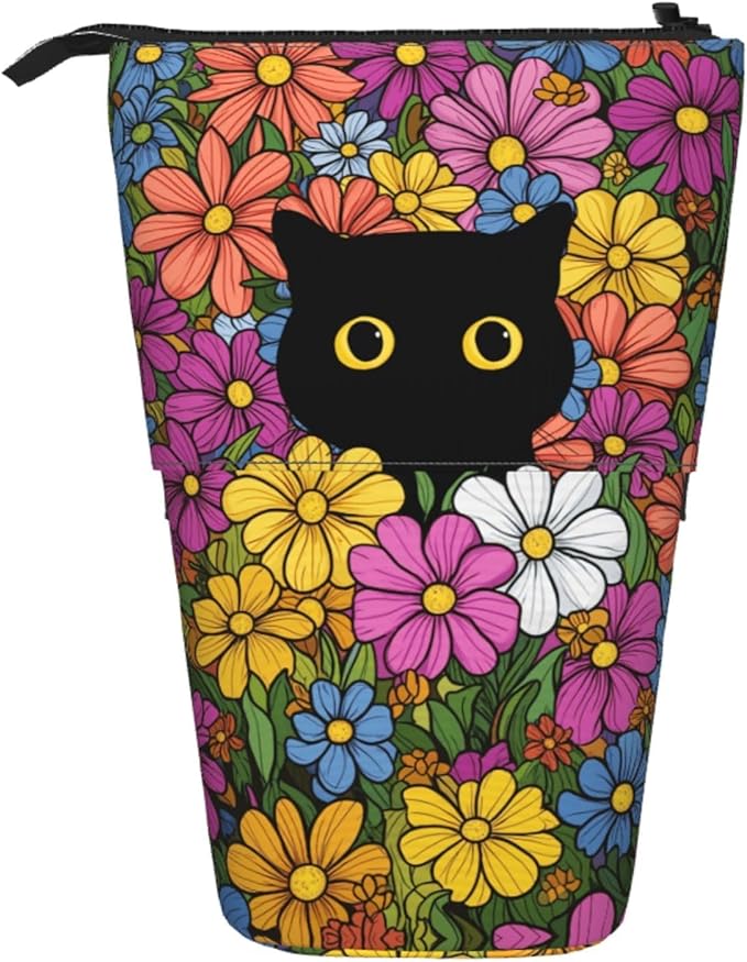 Black Cat Flower Girls Boys Standing Pencil Case Kids Kids Telescopic Stationary Pouch with Zipper Large Capacity Stand up Pen Bag Portable Makeup Holder for Children School Students Office Supplies