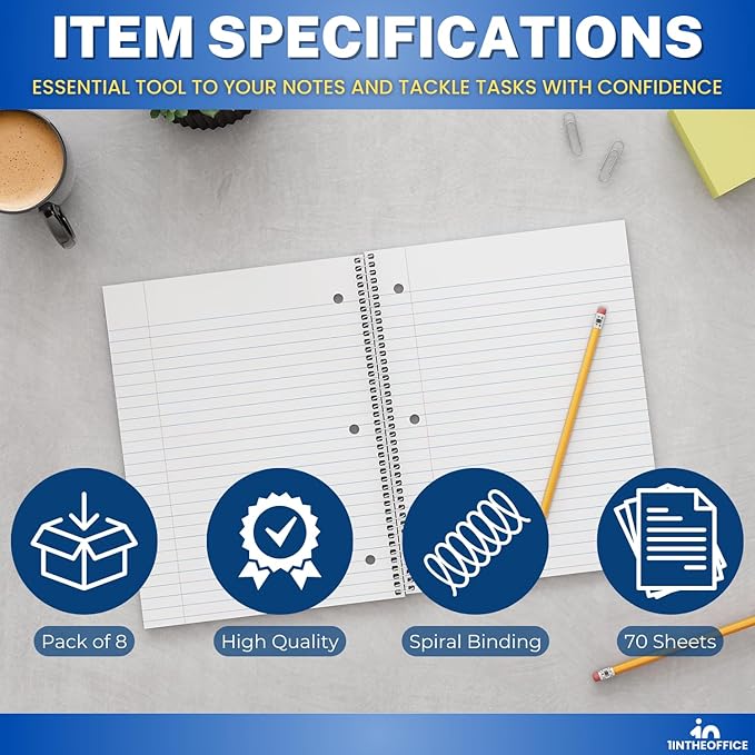 1InTheOffice Spiral Notebook Wide Ruled 8 x 11, 1-Subject College Ruled Notebooks, Wirebound Spiral Notebooks, Assorted Colors, 70 Sheets, (8 Pack)